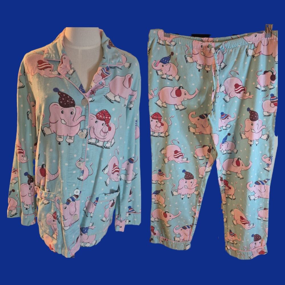 Nick & Nora VHTF Winter Elephants On Ice Skates 100%Cotton Flannel Pajama Set M
